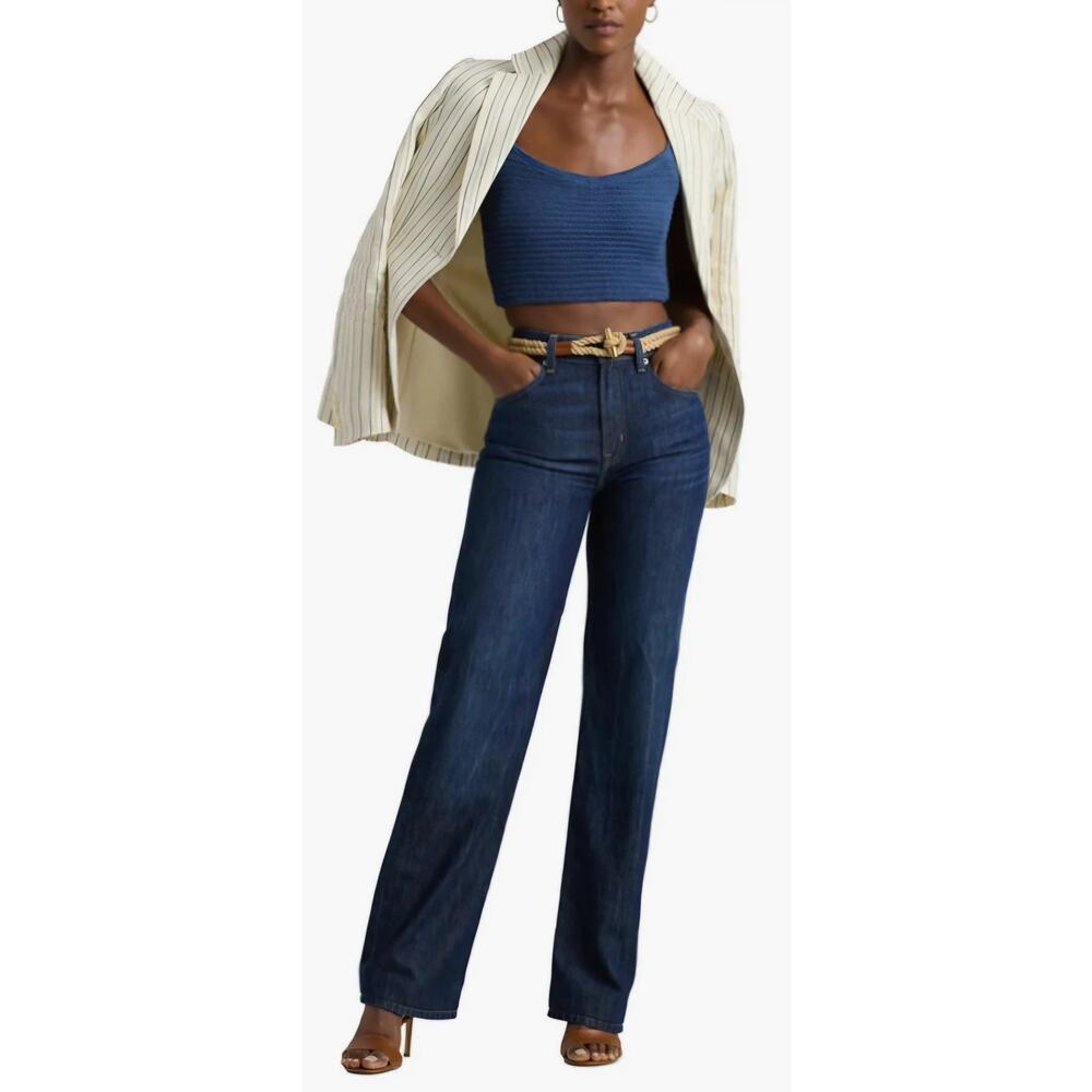 NWT Lauren Ralph Lauren Linen Cotton Cropped Tank Top Blue Womens XS